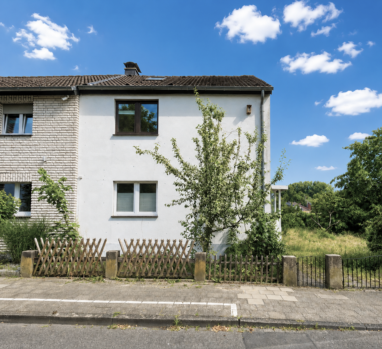Das Bild zeigt die Außenansicht eines weiß verputzten Reihenendhauses.
